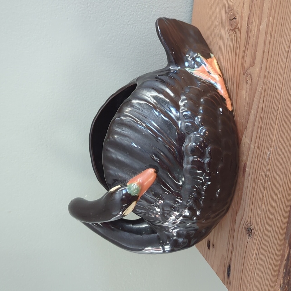 Mid-century Vintage Ceramic Had Painted in Japan Black Swan Planter